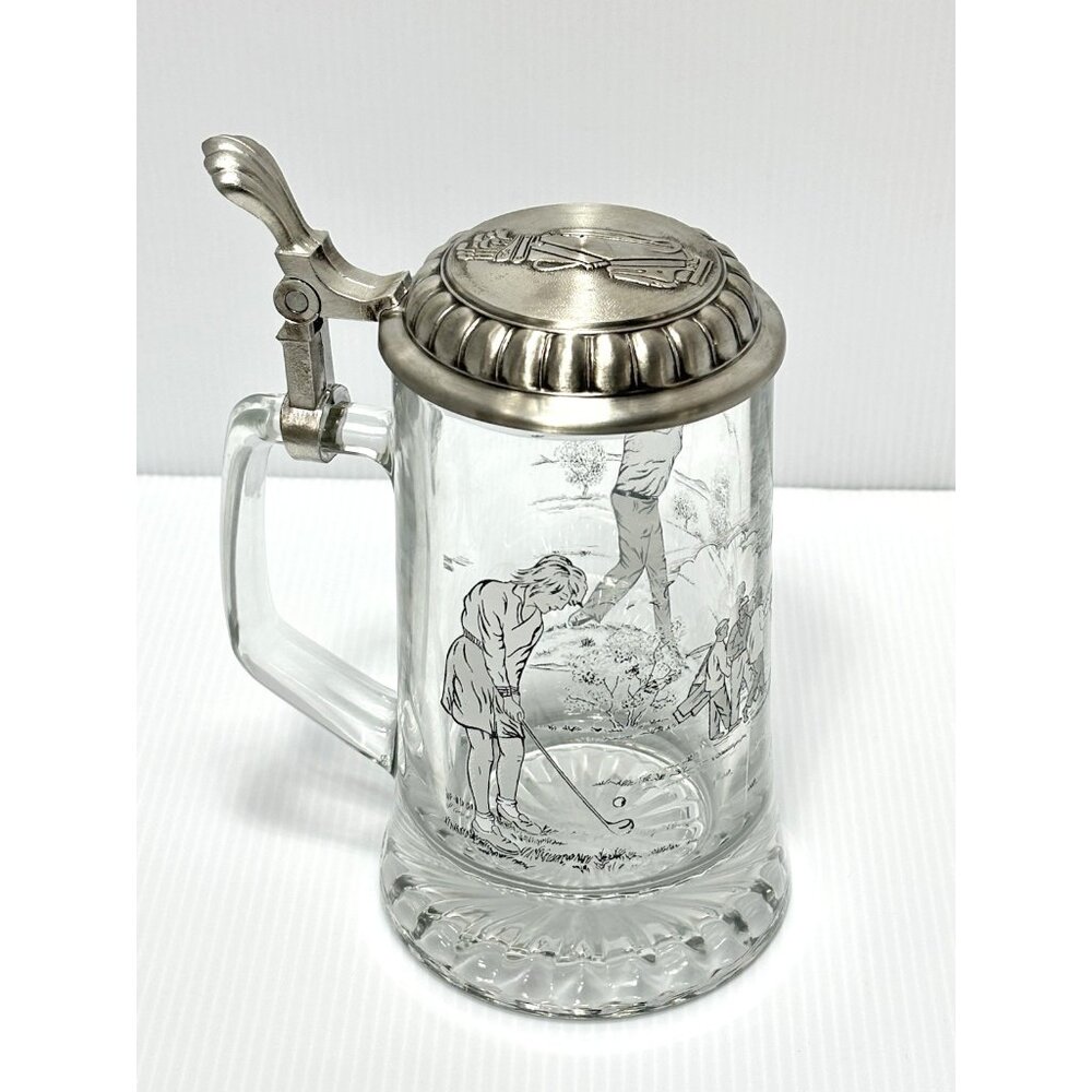 Vintage Domex German Etched Glass Beer Stein - Golfer Theme - 95% Pewter Lid